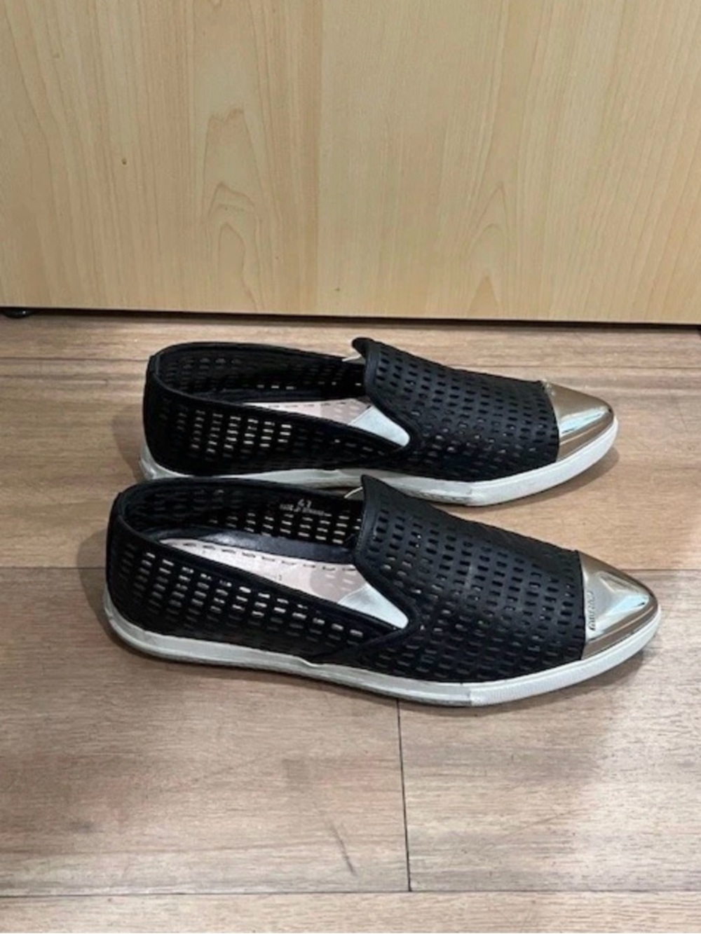 Miu Miu Black Perforated Slip-On Sneakers with Silver Cap Toe - Picture 4 of 6
